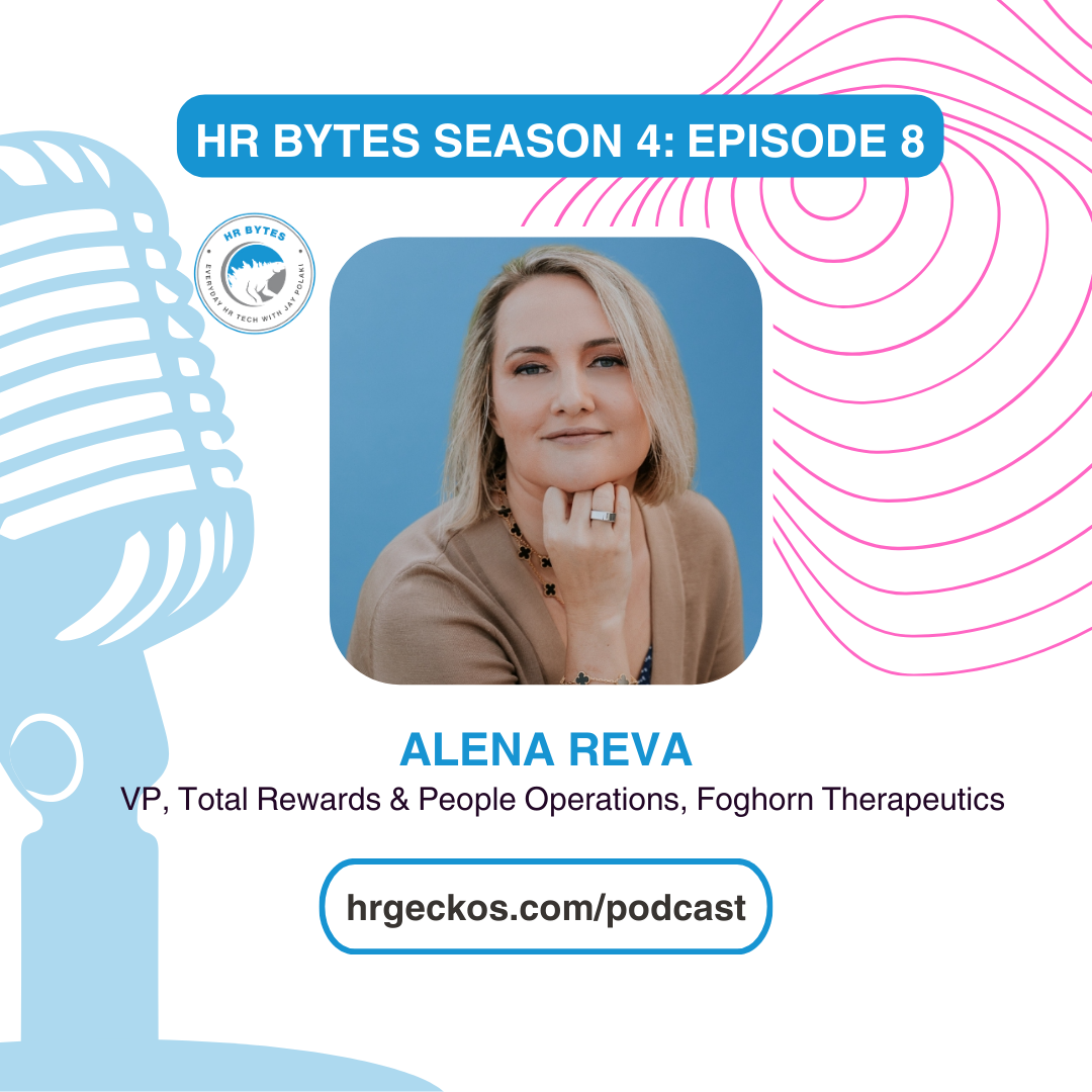 Promotional tile for HR Bytes Season 4: Episode 6, featuring Alena Reva. The image includes her professional headshot, a large microphone graphic, and a link to hrgeckos.com/podcast.